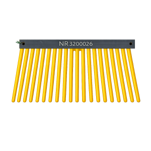 Yellow aftermarket rake paddle for Monchiero macadamia harvester, featuring durable polymer fingers and steel mounting bar for efficient nut pickup - Nourix